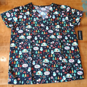 Women's Size Large Scrub Top by Cassandra O Christmas pattern NWT